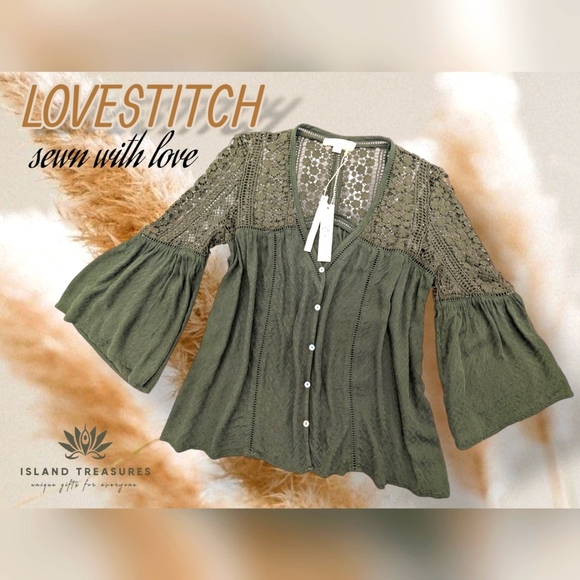 lovestitch Tops - NWT LOVESTITCH Olive Green Sahara Mixed Lace Top Sz Small Rayon Flowy Boho Chic